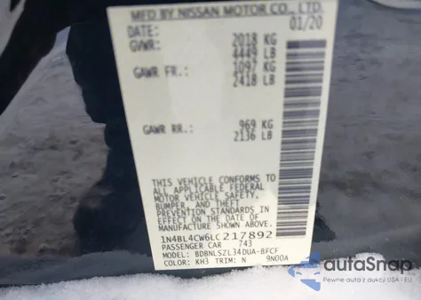 2020 Nissan Altima Sr Intelligent Awd from USA, damaged, VIN 1N4BL4CW6LC217892